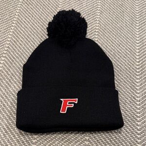 Men's Black Pom-Pom Beanie with Red Logo for Fairfield University